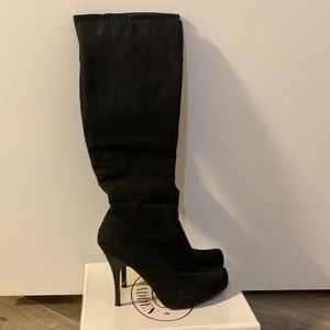 Over the knee suede platform boots, red sole